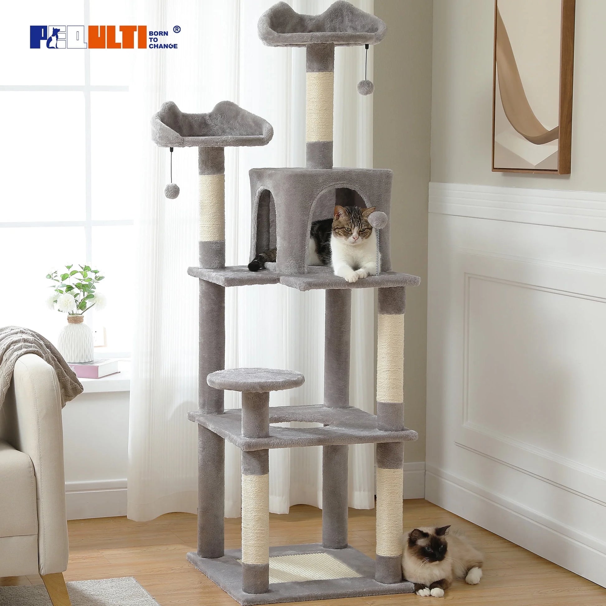 63'' Modern Cat Tree Tower with Scratching Pad and Cozy Condo for Large Cats Indoor Gray