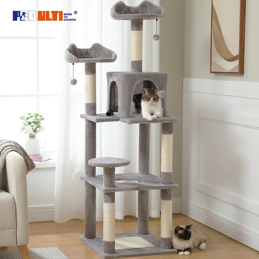 63'' Modern Cat Tree Tower with Scratching Pad and Cozy Condo for Large Cats Indoor Gray