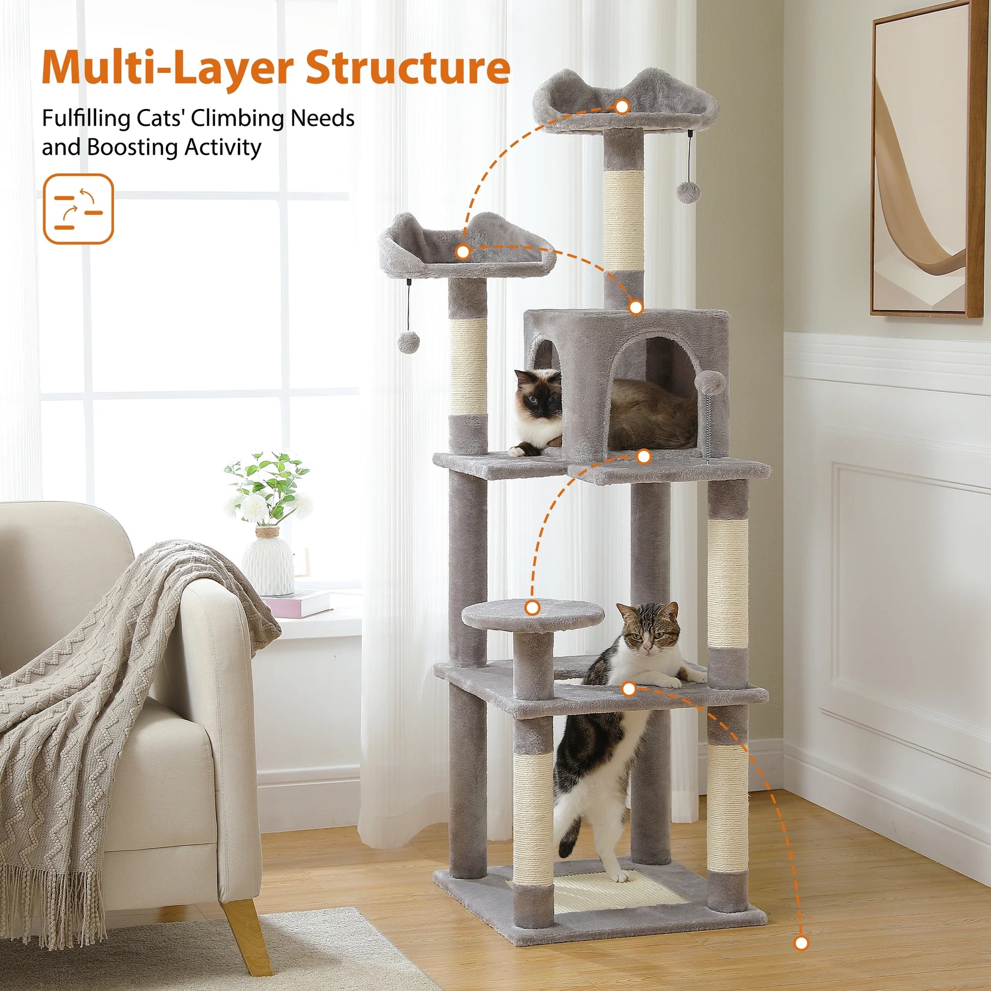 63'' Modern Cat Tree Tower with Scratching Pad and Cozy Condo for Large Cats Indoor Gray