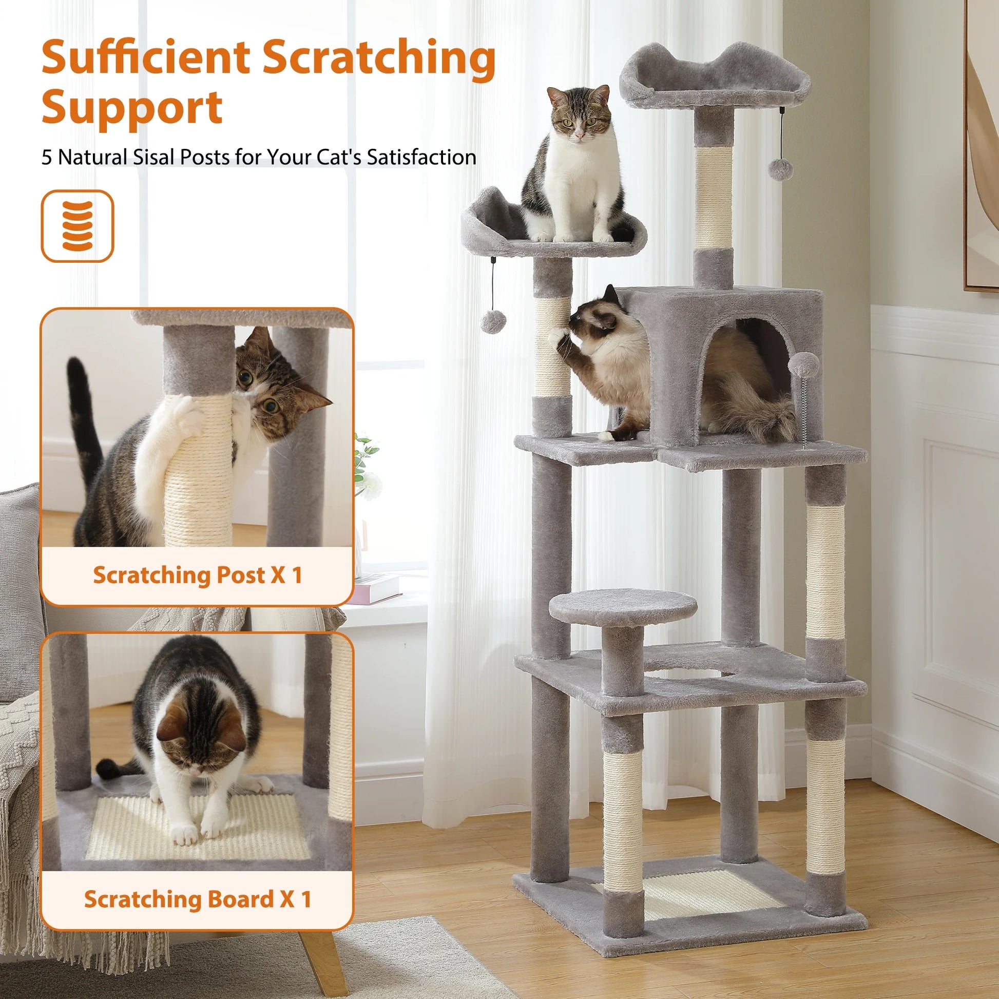 63'' Modern Cat Tree Tower with Scratching Pad and Cozy Condo for Large Cats Indoor Gray