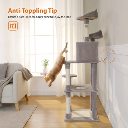 63'' Modern Cat Tree Tower with Scratching Pad and Cozy Condo for Large Cats Indoor Gray