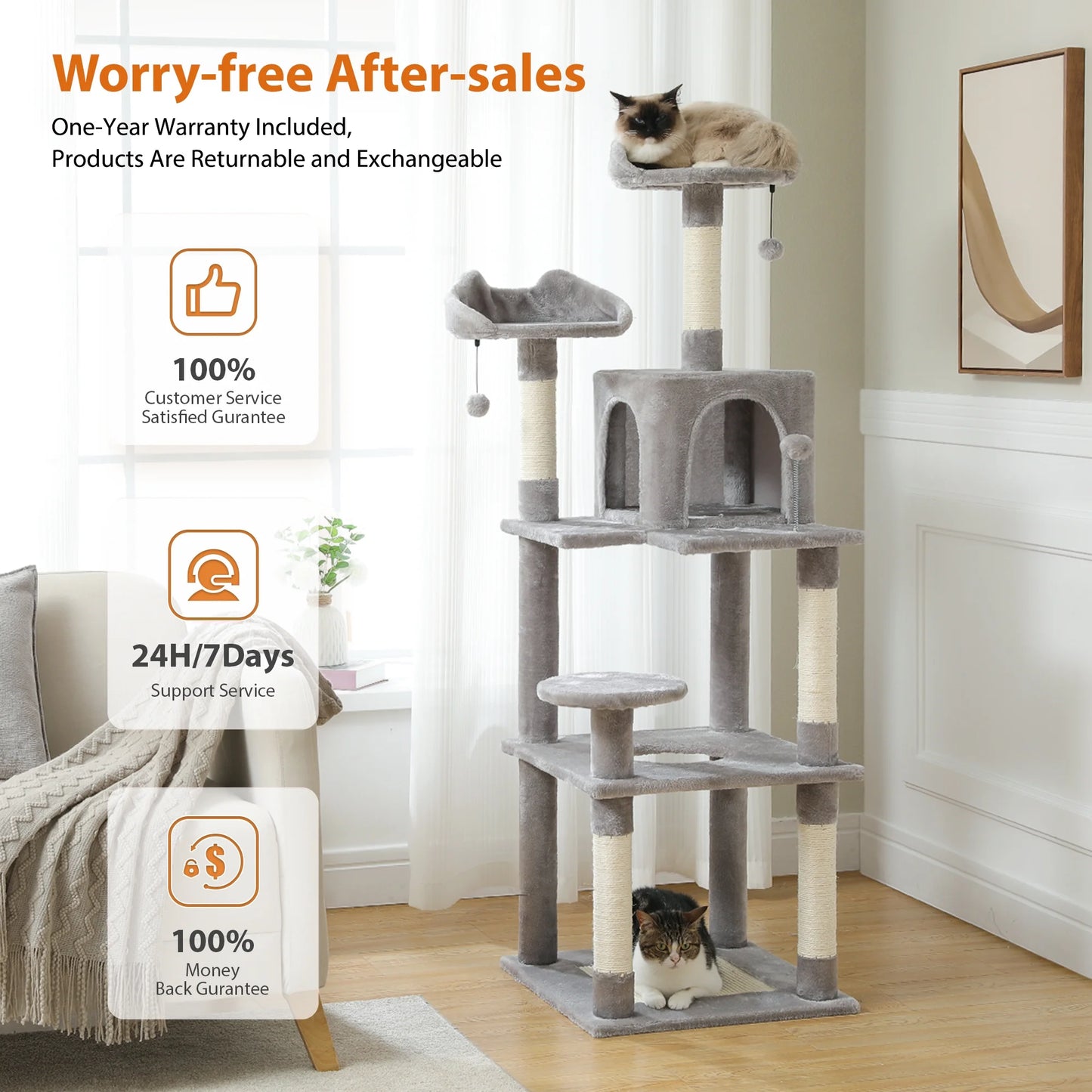 63'' Modern Cat Tree Tower with Scratching Pad and Cozy Condo for Large Cats Indoor Gray